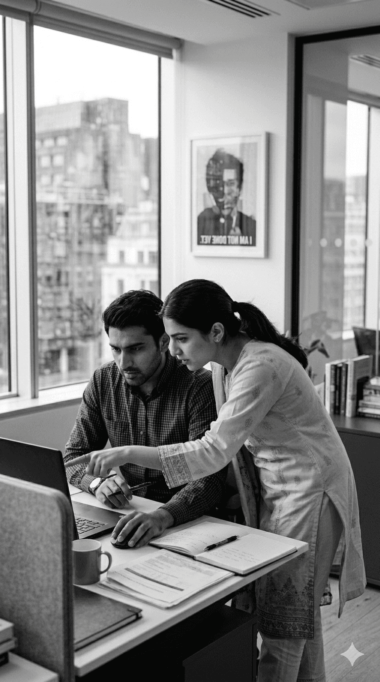 Two professionals collaborating at a laptop in a modern office.