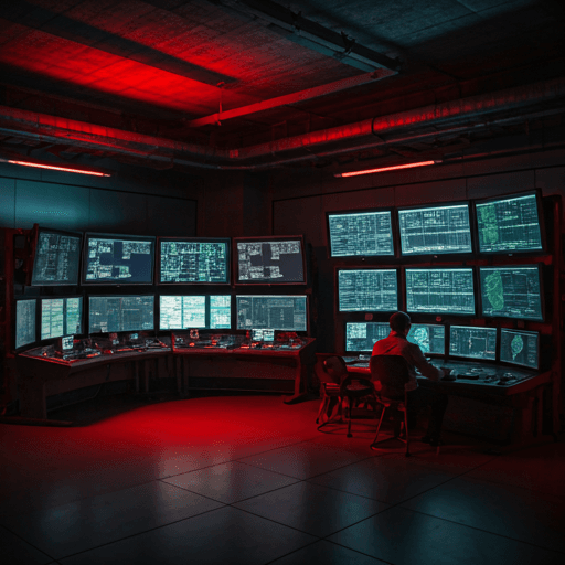 High-tech control room with monitoring and data operations